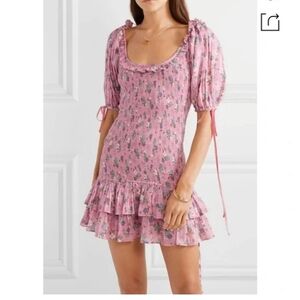 LoveShackFancy Pink Floral Smocked Ruffle Mini Dress with Puff Sleeves